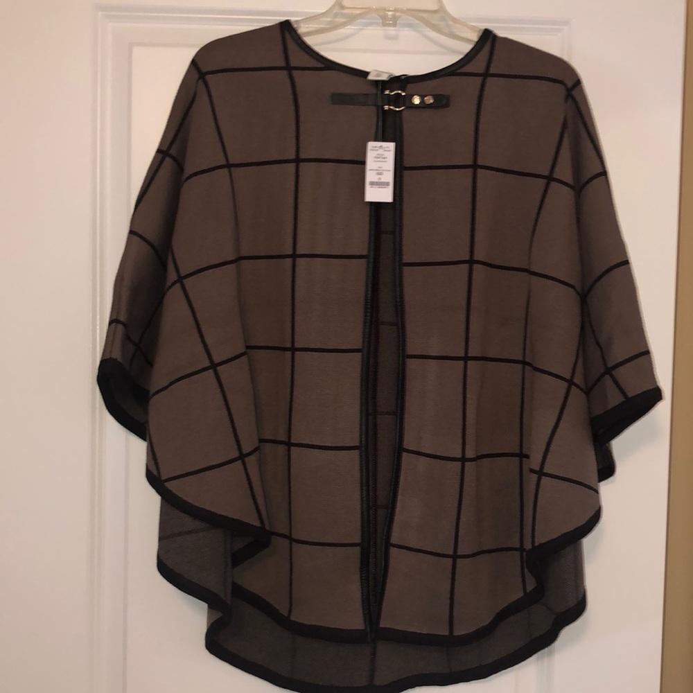 White House Black Market Taupe and Black Windowpane Poncho